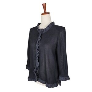 Exclusively Misook Blouse Size S Black Ruffle Snap Front Mesh Vintage Regency